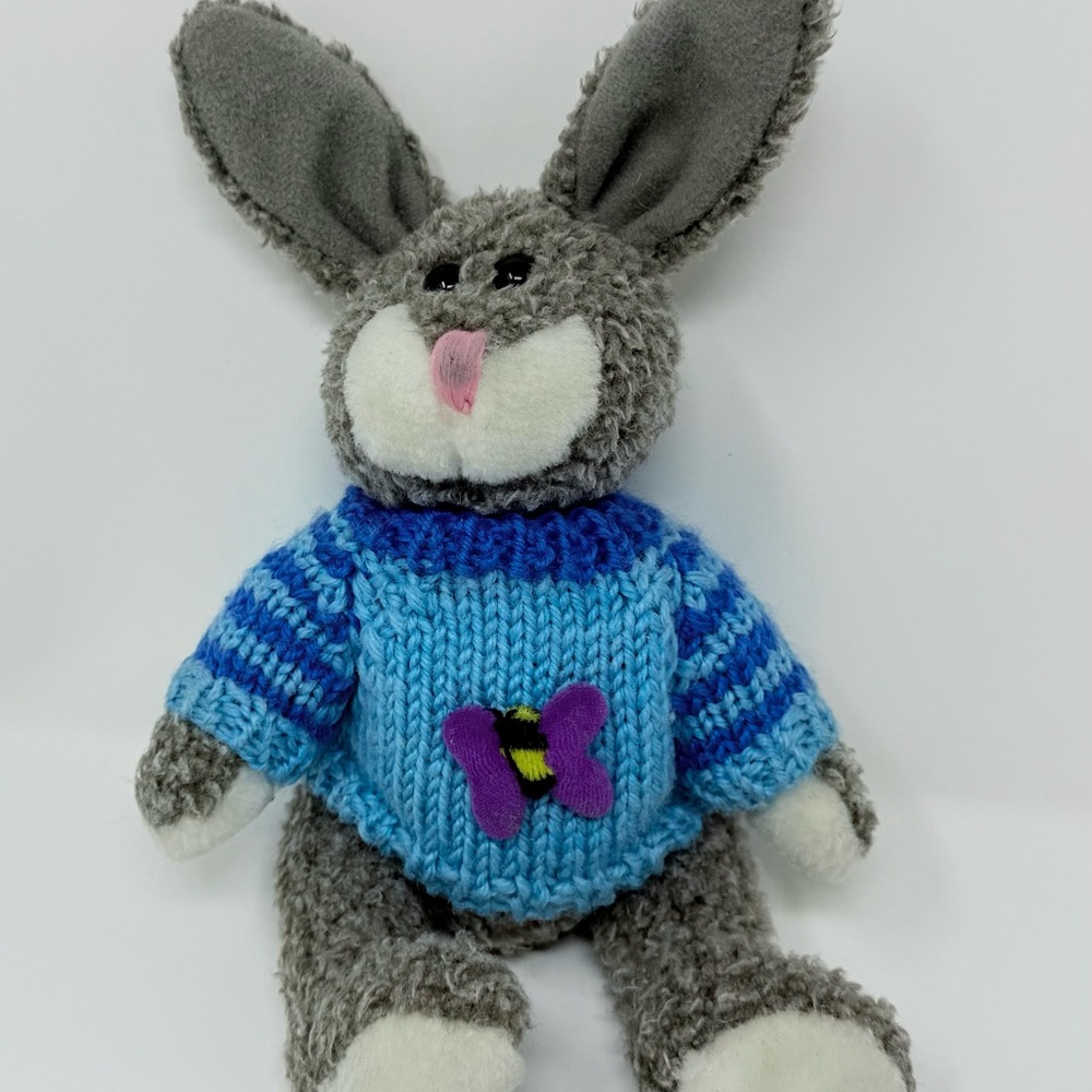 Vintage 1999 Gray Plush Bunny with Blue Sweater